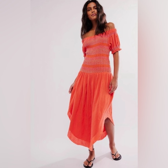 Free People Catch Me Midi Dress Size Small Off Shoulder Fitted Drop Waist Midi - Picture 3 of 6